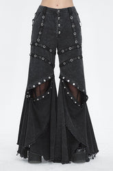 Black Mesh Eyelets Ruffled Flared Womens Punk Pants